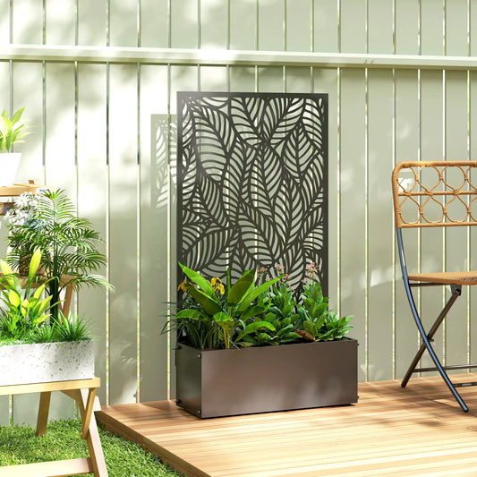 Metal Planter Box With Trellis, 44.5" Raised Garden Bed, Leaves Cut-Out Galvanized Planter Boxes Black at Gallery Canada