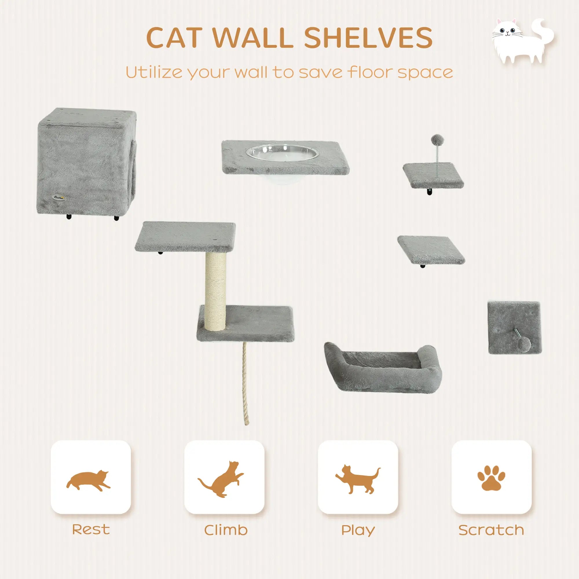 Cat Wall Shelves Set of 7, Perches with House, Sisal Ladder, Bed, Grey Cat Climbing Wall at Gallery Canada