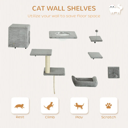 Cat Wall Shelves Set of 7, Perches with House, Sisal Ladder, Bed, Grey Cat Climbing Wall at Gallery Canada
