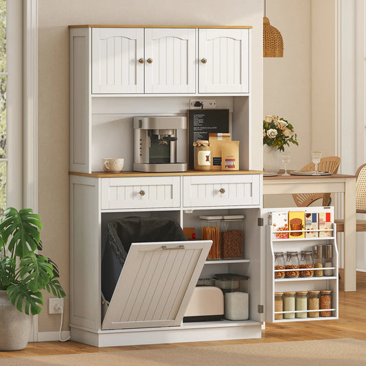68 Inch Pantry Cabinet with Charging Station, Microwave Stand, Trash Can, White Kitchen Pantry Cabinets White, Oak at Gallery Canada