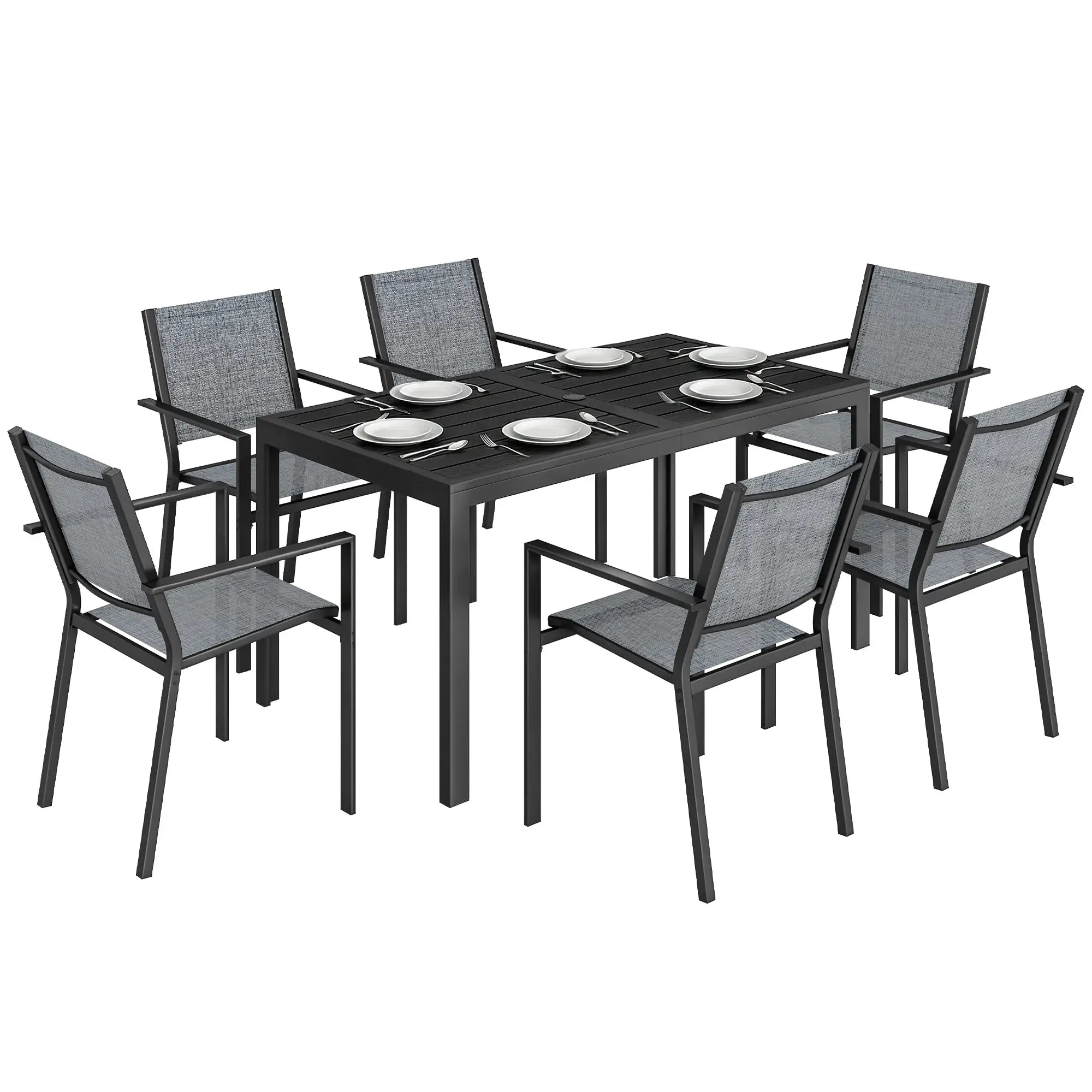 Outdoor Dining Set For 6, Black Metal Patio Table, Mesh Stackable Chairs, Black Outdoor Dining Sets at Gallery Canada