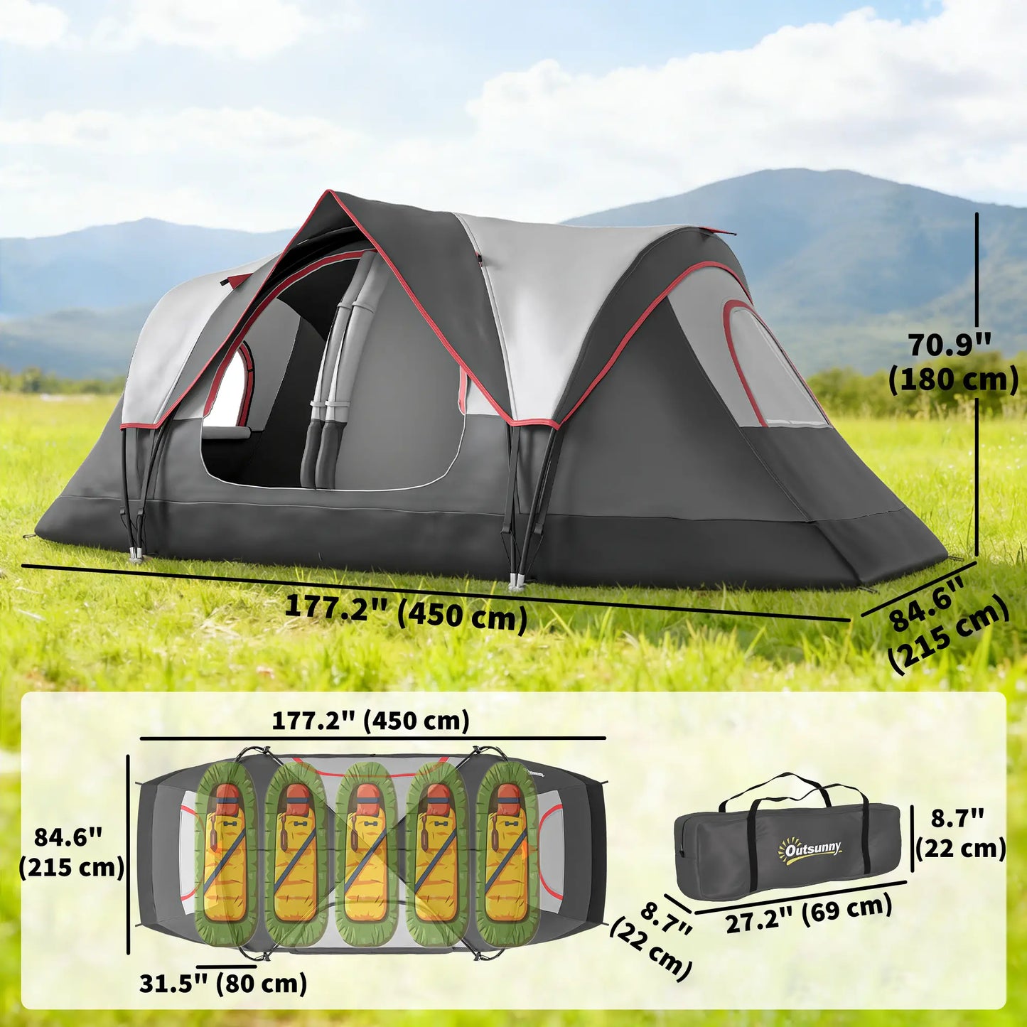 6-8 Man Camping Tent, 2000mm Waterproof Rainfly, Carry Bag, Dark Grey Camping Tents at Gallery Canada