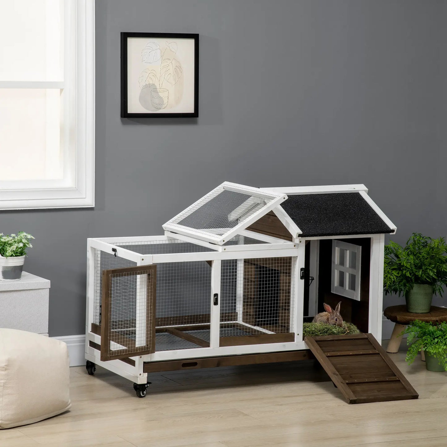 Rabbit Cage with Wheels, Ramp, Run, Tray, Indoor Outdoor Rabbit Hutch at Gallery Canada