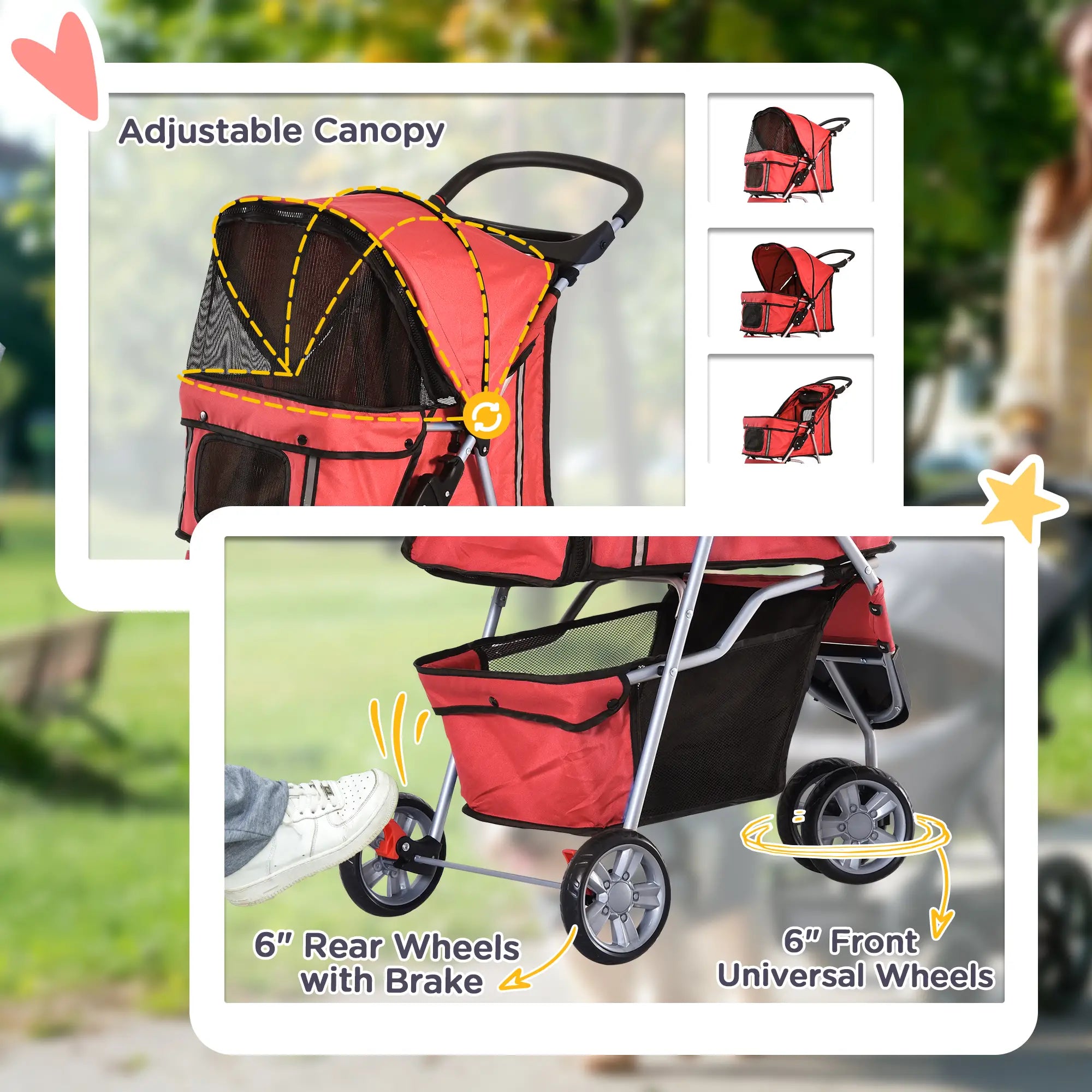 3 Wheel Foldable Dog Stroller, Storage Basket, Adjustable Canopy, Cupholder, Red Dog Bike Trailers & Strollers at Gallery Canada