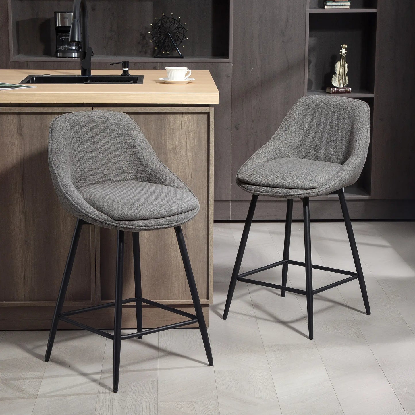 26" Counter Height Barstools Set of 2, Upholstered Swivel Bar Stools with Backrests and Armrests, Dark Grey Bar Stools at Gallery Canada