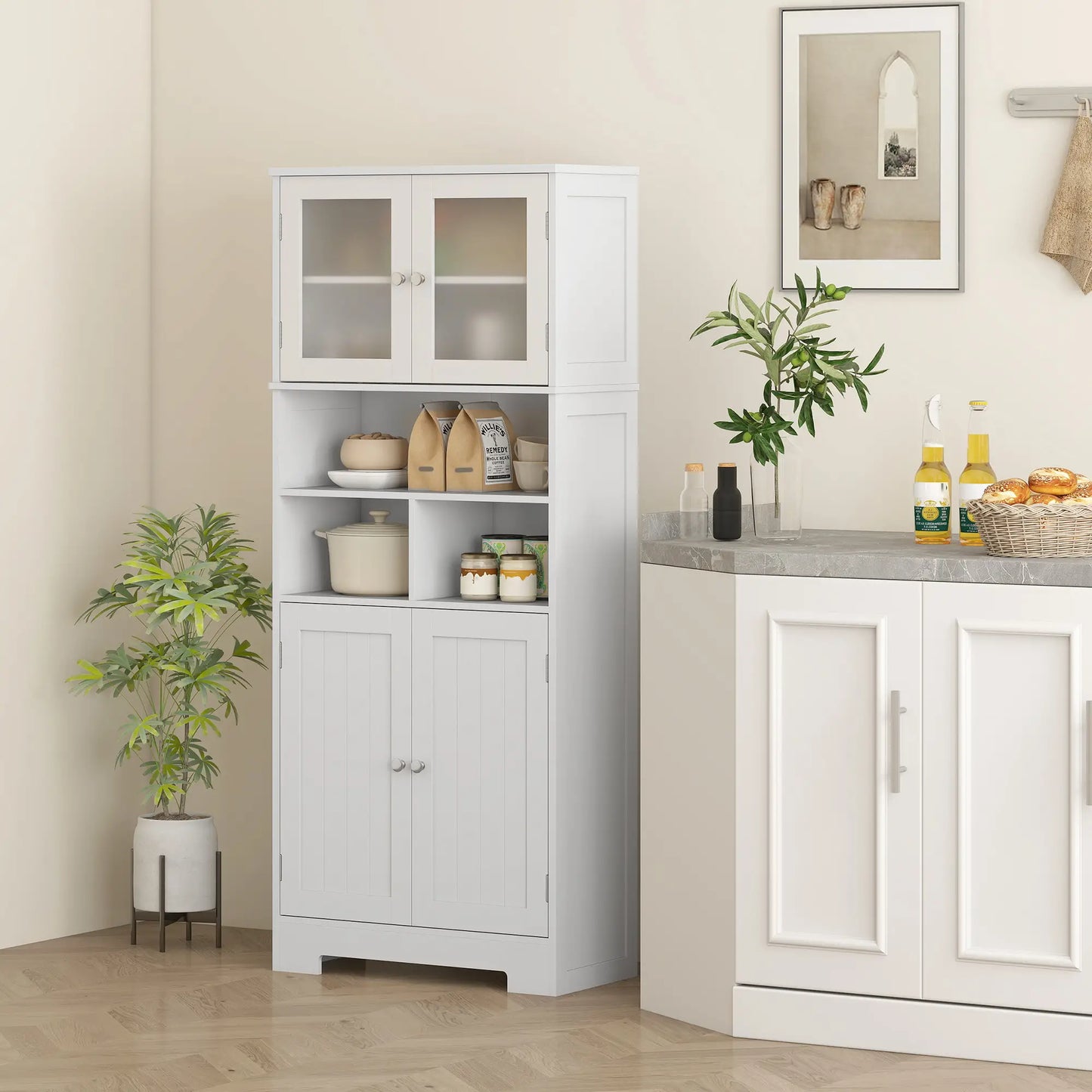 57" Kitchen Pantry, Freestanding Cabinet, Glass Doors, Adjustable Shelves, White Kitchen Pantry Cabinets at Gallery Canada