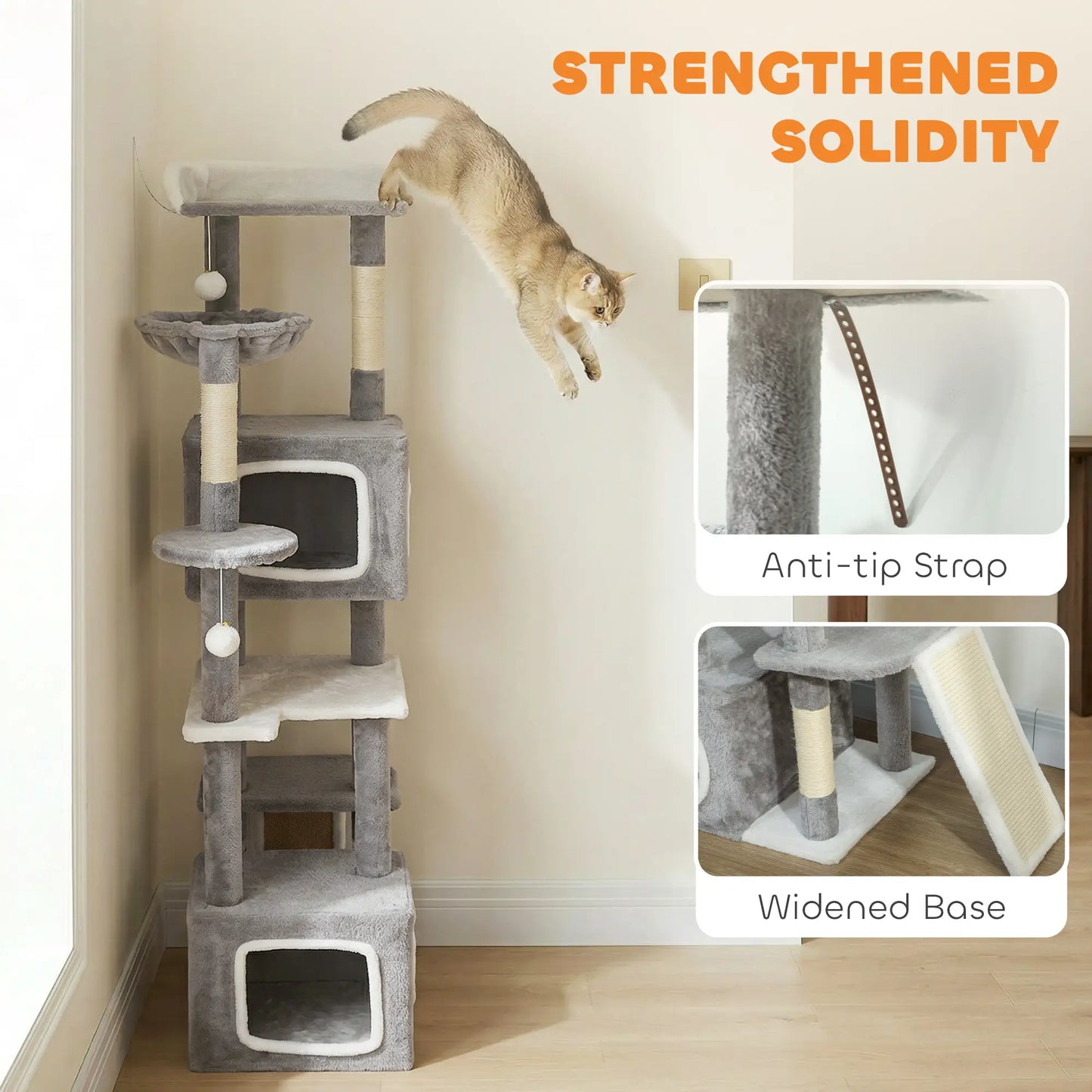 65 Inch Cat Tree, 2 Doors Condos, Plush Perch, Hammock, Grey Cat Towers at Gallery Canada