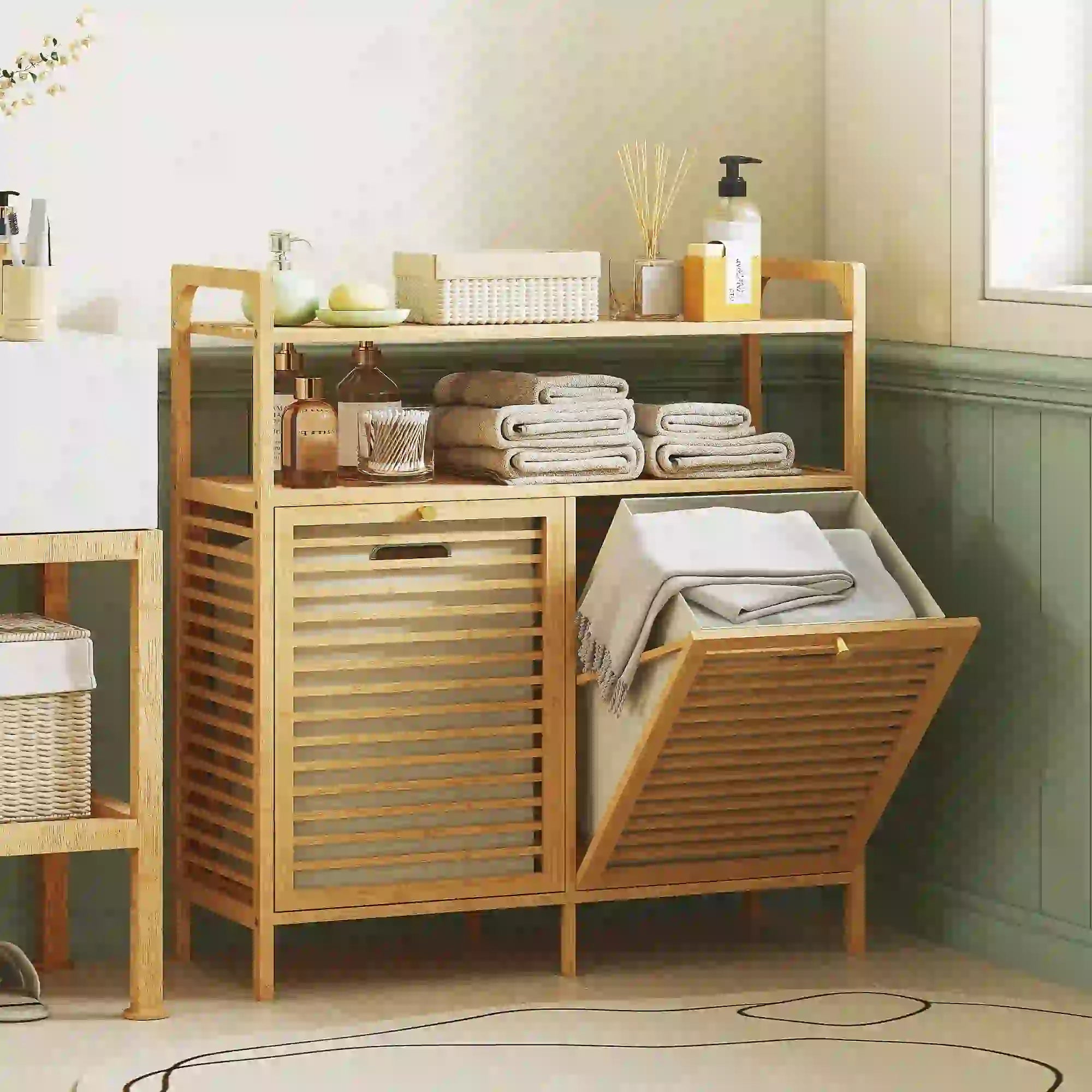 Tilt Out Laundry Hamper, Bamboo Cabinet with 2 Baskets, 2 Shelves, Natural Bathroom Cabinets at Gallery Canada