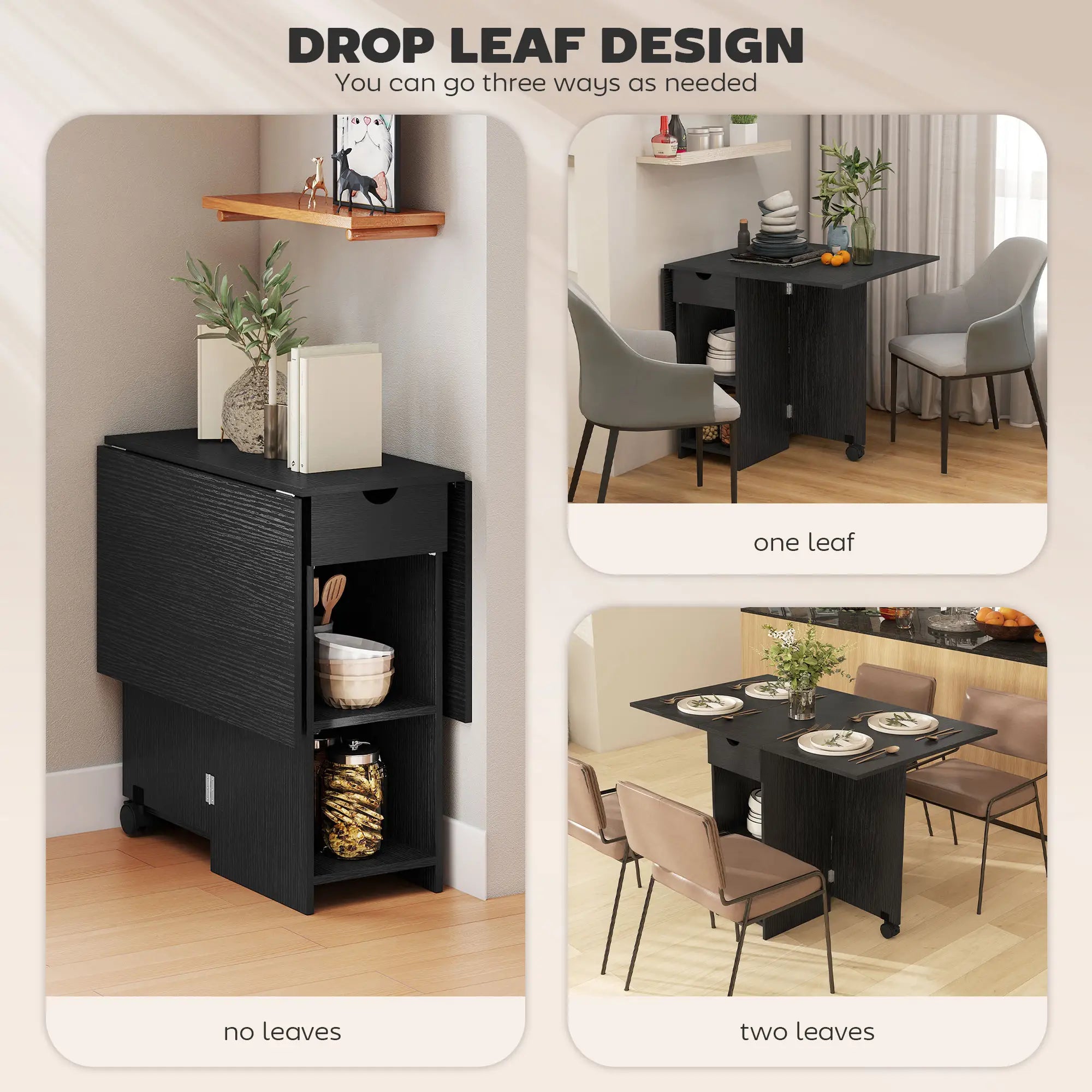 Folding Drop Leaf Kitchen Table with Drawer and Shelves, Black Dining Tables at Gallery Canada