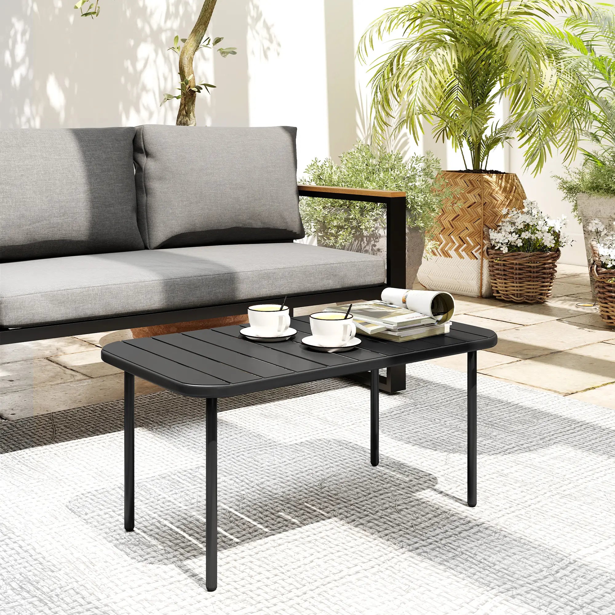 Outdoor Coffee Table, Rectangle Metal Patio Table, All-Weather Slatted Tabletop Patio Side Tables at Gallery Canada