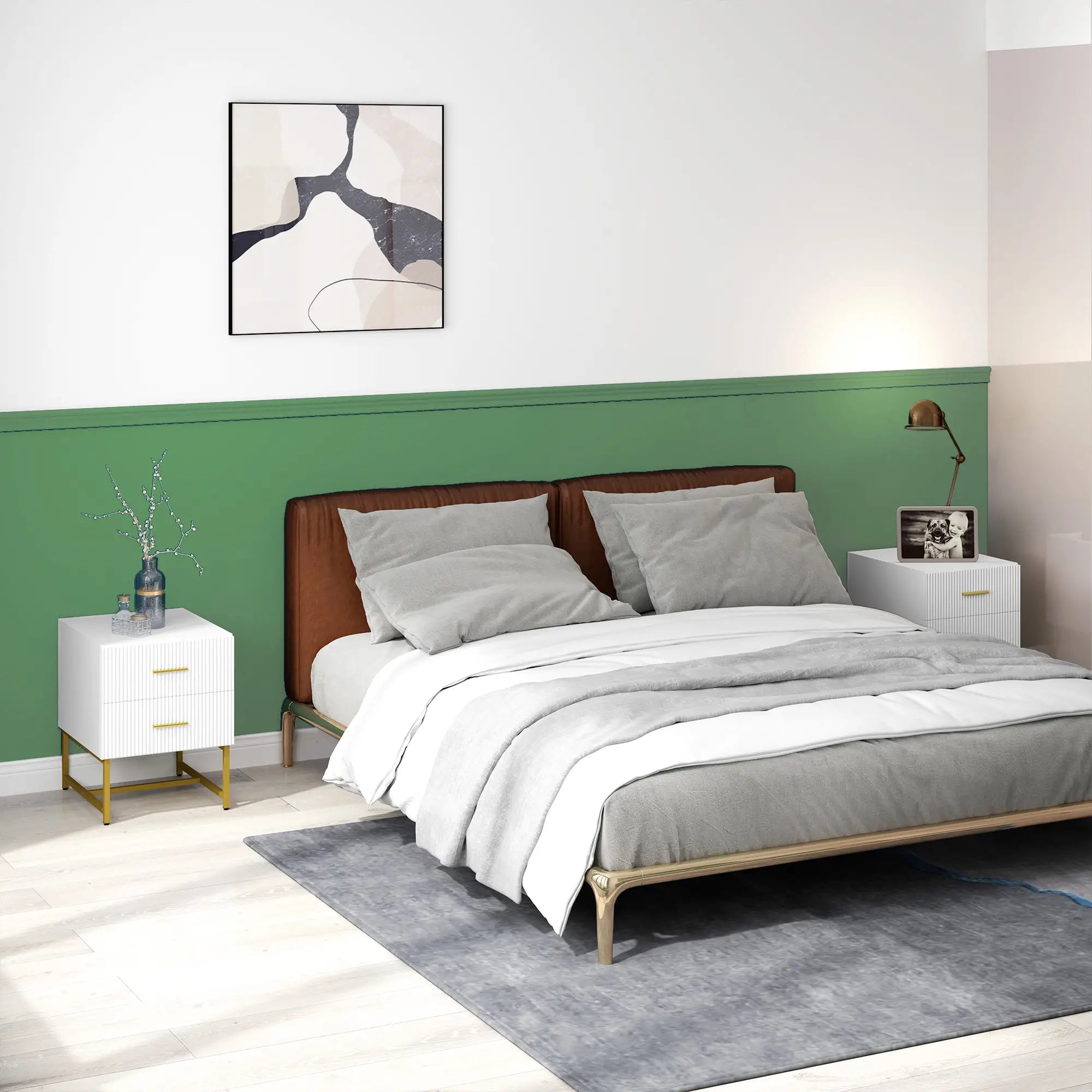 2 Nightstands with Storage, Modern Bedside Tables, 2 Fluted Drawers, Gold Legs, White Bedside Tables at Gallery Canada