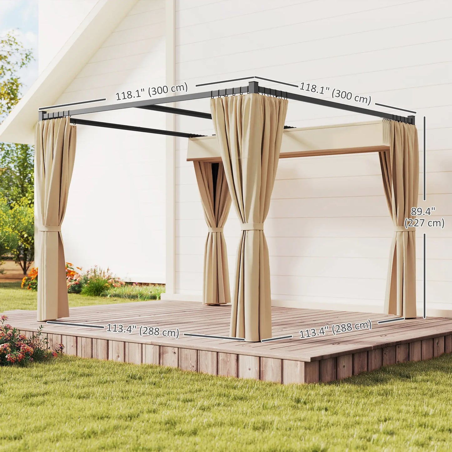 10' x 10' Retractable Pergola, Garden Gazebo with Curtains, Beige Pergolas at Gallery Canada