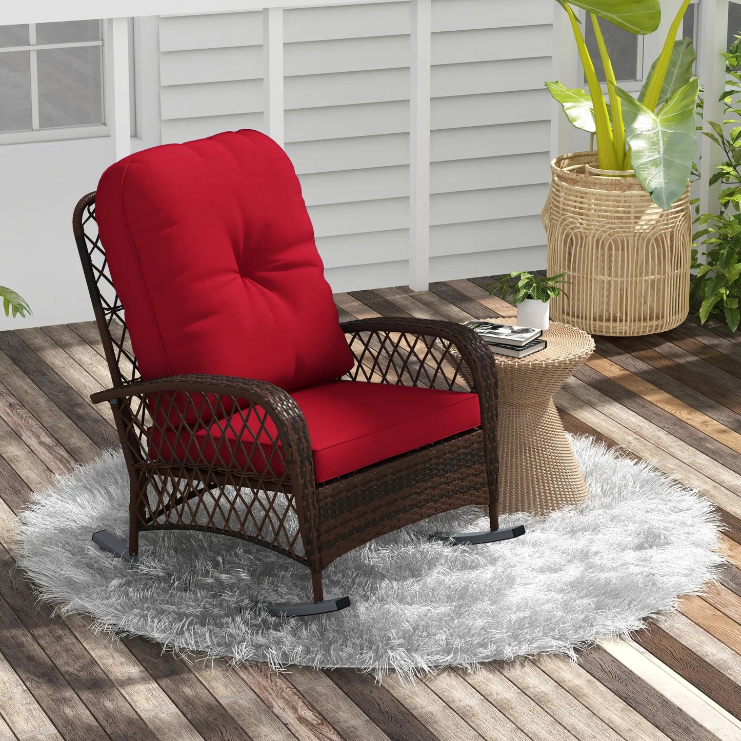 Outdoor Wicker Rattan Rocking Chair, Thick Cushions, Garden Backyard Porch, Red Outdoor Rocking Chairs at Gallery Canada