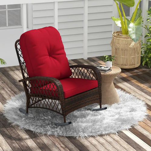 Outdoor Wicker Rattan Rocking Chair, Thick Cushions, Garden Backyard Porch, Red