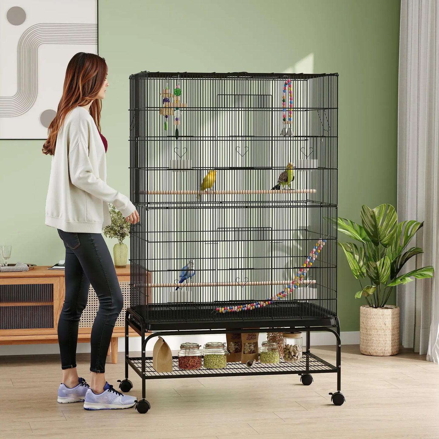 63" Bird Cage With Open Top, Stand, Toys, Removable Tray, Storage Shelf Bird Cages at Gallery Canada