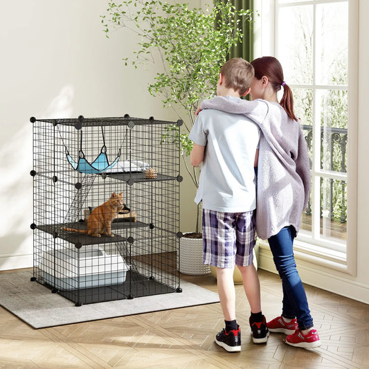 3 Tier Cat Cage Crate, DIY Pet Playpen, Black Outdoor Cat Enclosures Black, Blue at Gallery Canada