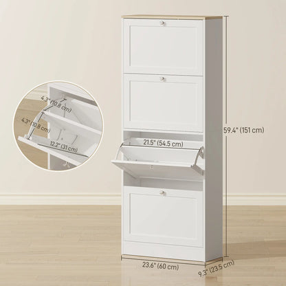 Shoe Storage Cabinet, 4 Flip Drawers, Adjustable Shelves, 18-24 Pairs, White