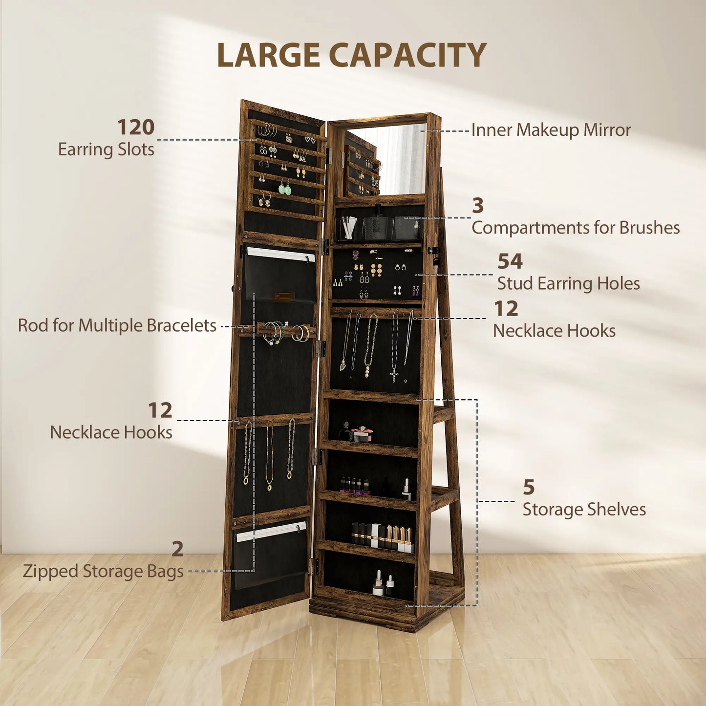 360° Swivel Jewelry Armoire, Lockable Mirror Cabinet, Rustic Brown Jewelry Armoire & Jewellery Mirror Cabinets at Gallery Canada
