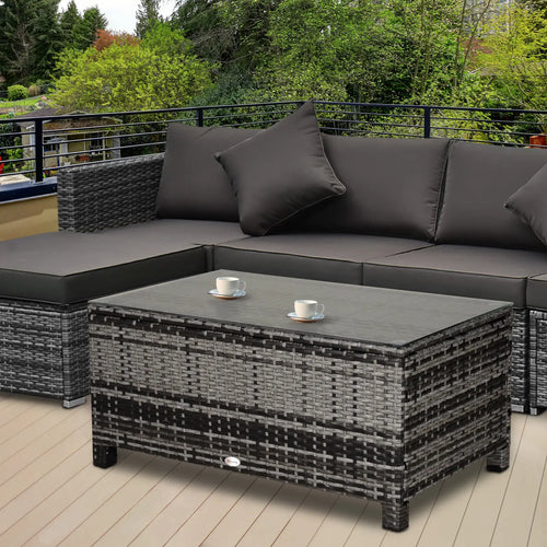 Outdoor PE Rattan Wicker Table, Glass Top, 24in, Mixed Grey