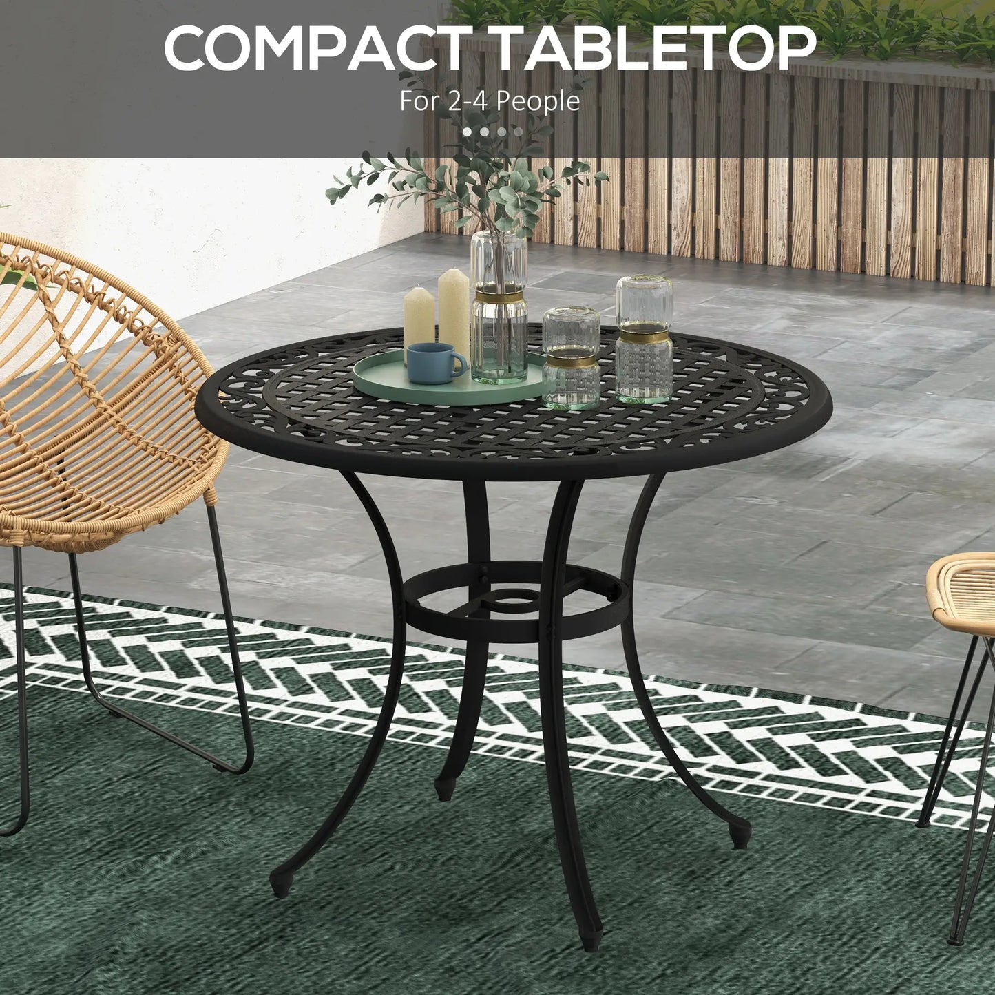 35.5" Round Outdoor Dining Table, Cast Aluminum, Grid Top, Black Patio Dining Tables at Gallery Canada