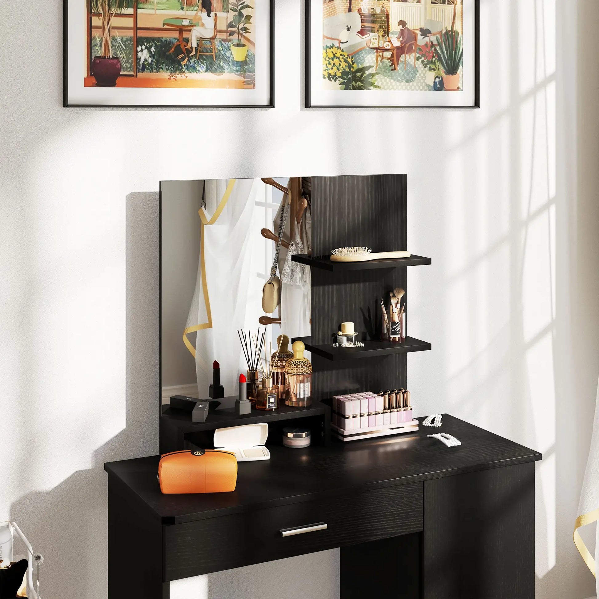 Dressing Table with Mirror, Drawer, Storage Shelves, 35.4" x 15" x 54.3", Black Dressing & Vanity Tables at Gallery Canada