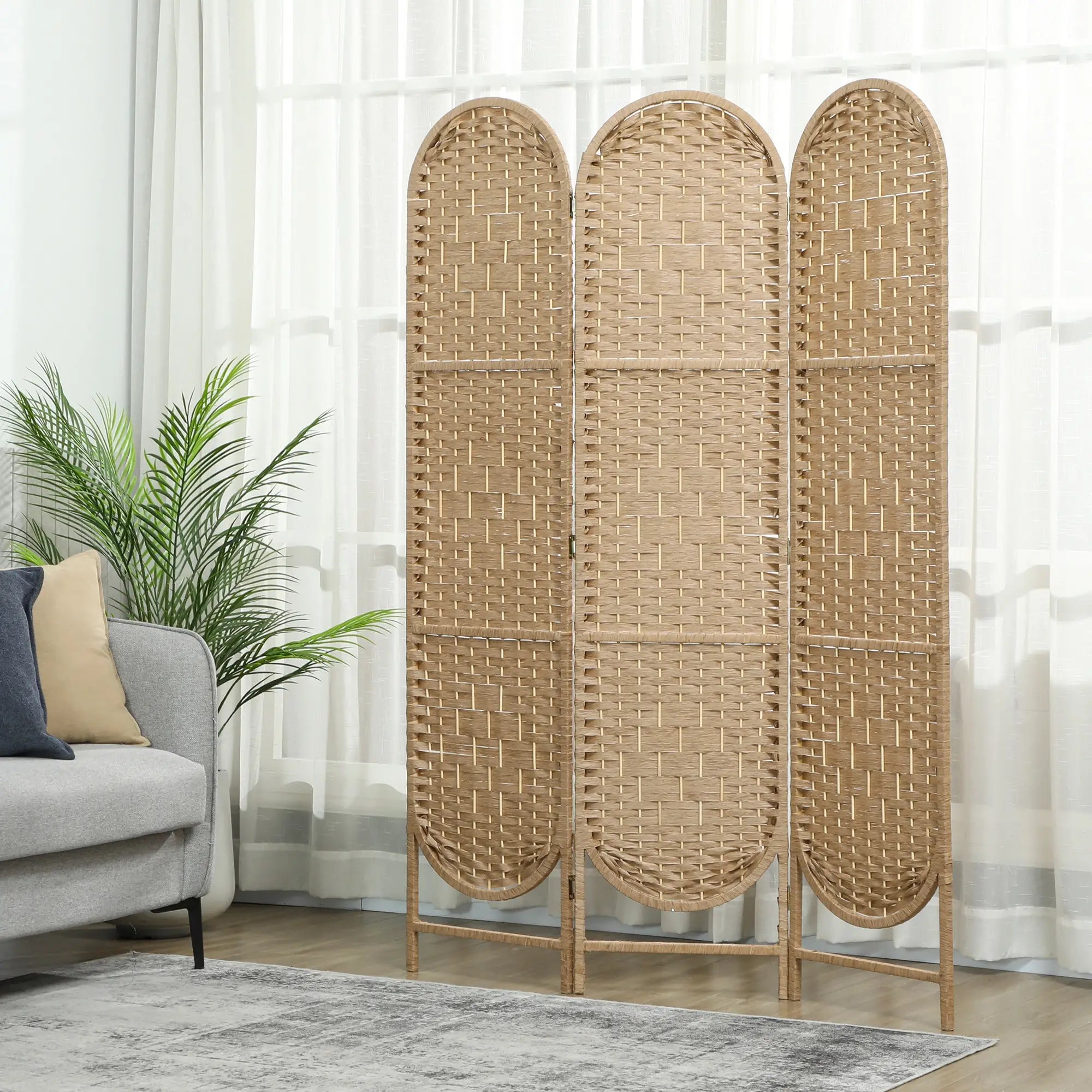 3 Panel Bohemian Privacy Screen, Arched Top Room Divider, Natural Wood Room Dividers at Gallery Canada