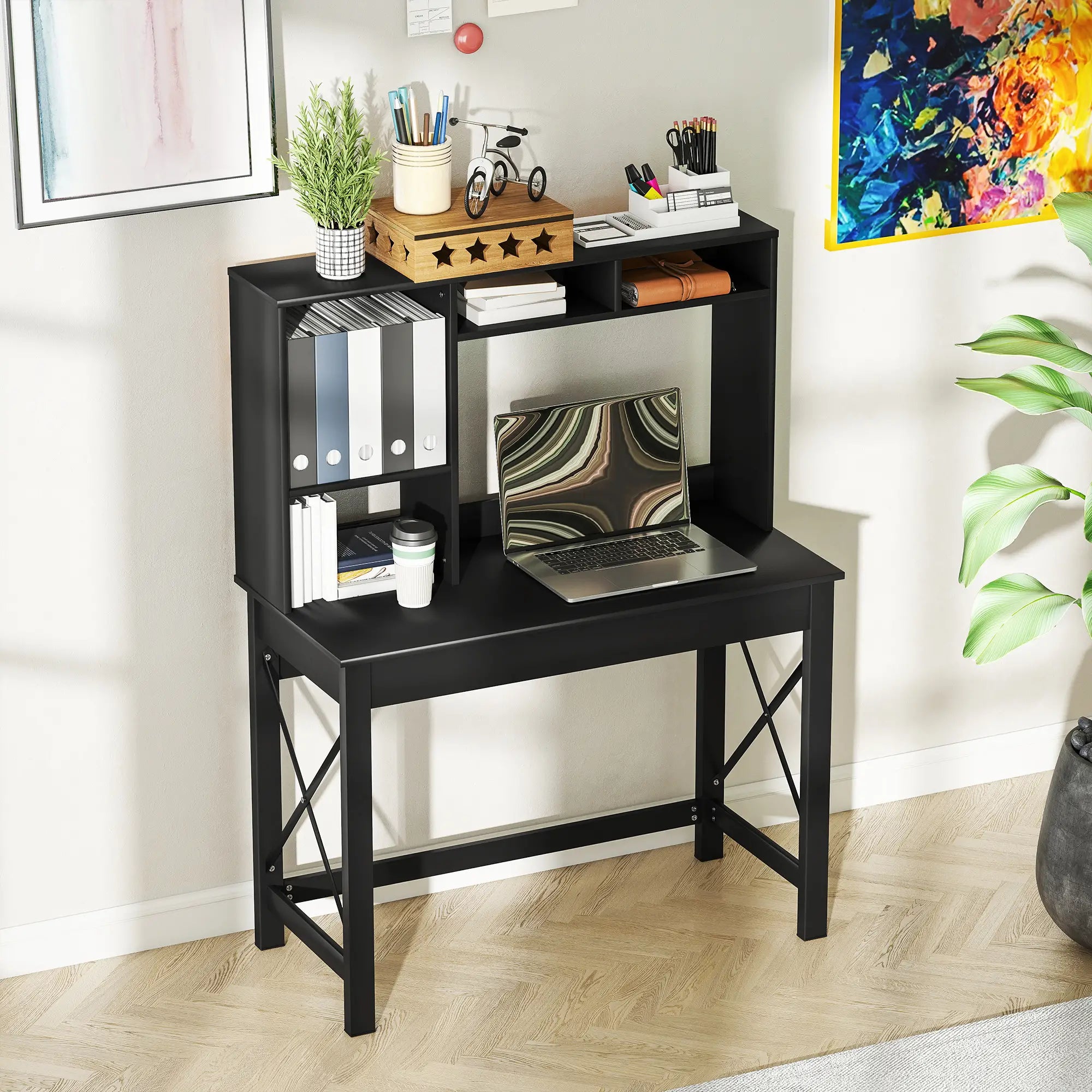 Computer Desk with Hutch, Home Office Table with Storage Shelves, Black Computer Desks at Gallery Canada