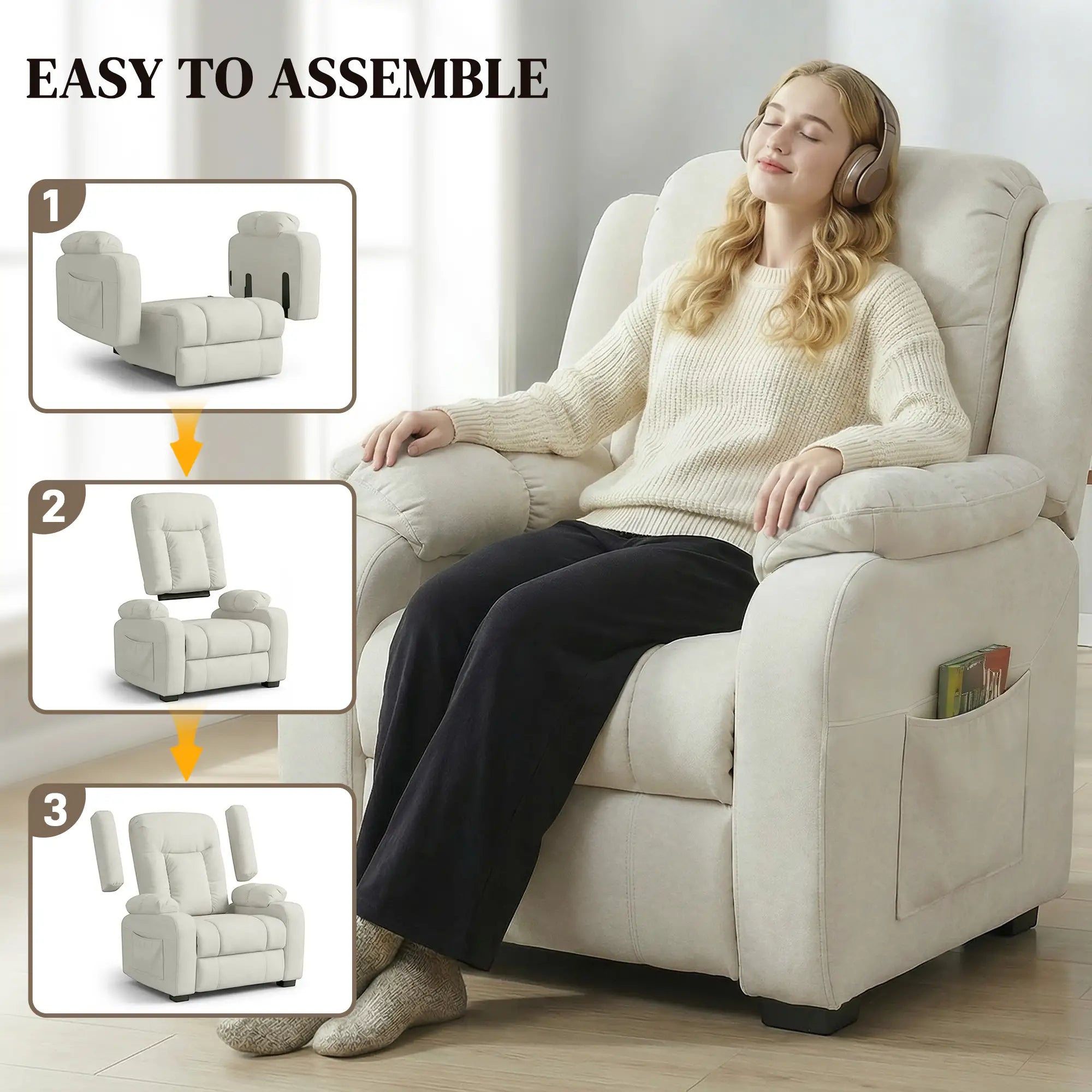 Massage Recliner Chair, Quiet Brushless Motor, Pet-Friendly Fabric, 2 Memory Positions, Cream White Single Sofas at Gallery Canada