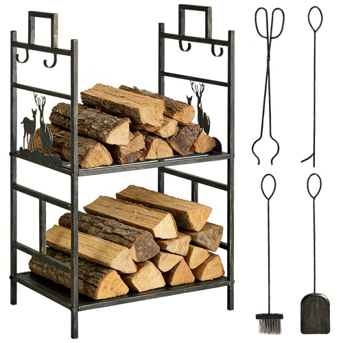 2-Layer Heavy Duty Firewood Rack, 4 Tools, Black and Gold