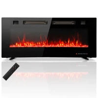 42" Electric Fireplace, Ultra-Thin Recessed, Wall Mounted, Black, Black