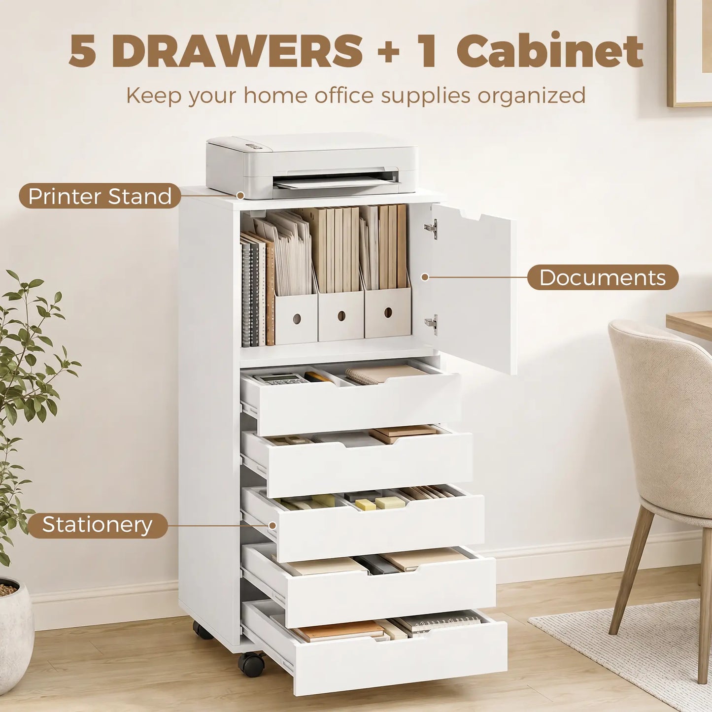 Mobile File Cabinet, 5 Drawers, White