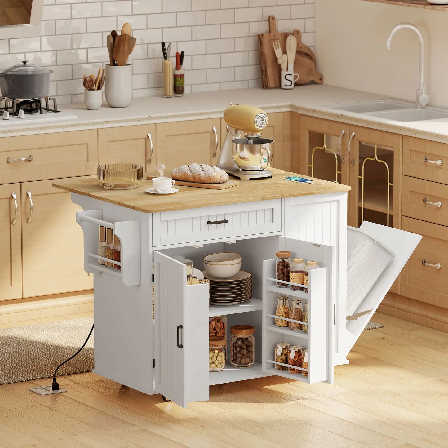 Portable Kitchen Island Cart, Rubber Wood Drop Leaf, Trash Storage, White Kitchen Islands & Kitchen Carts at Gallery Canada