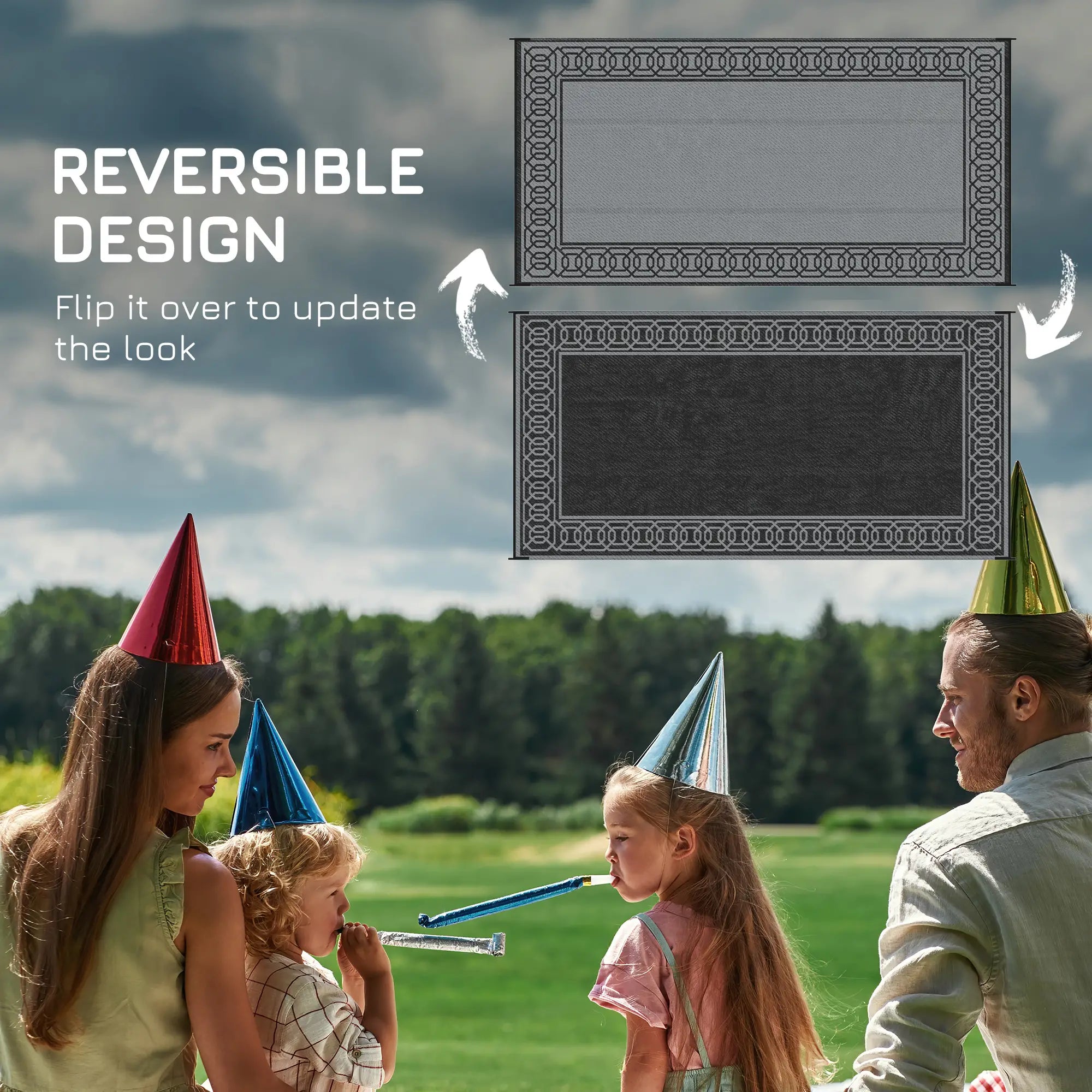 Portable Outdoor Rug, 9' x 18', Waterproof, Reversible, Black and Grey Outdoor Reversible Rugs at Gallery Canada