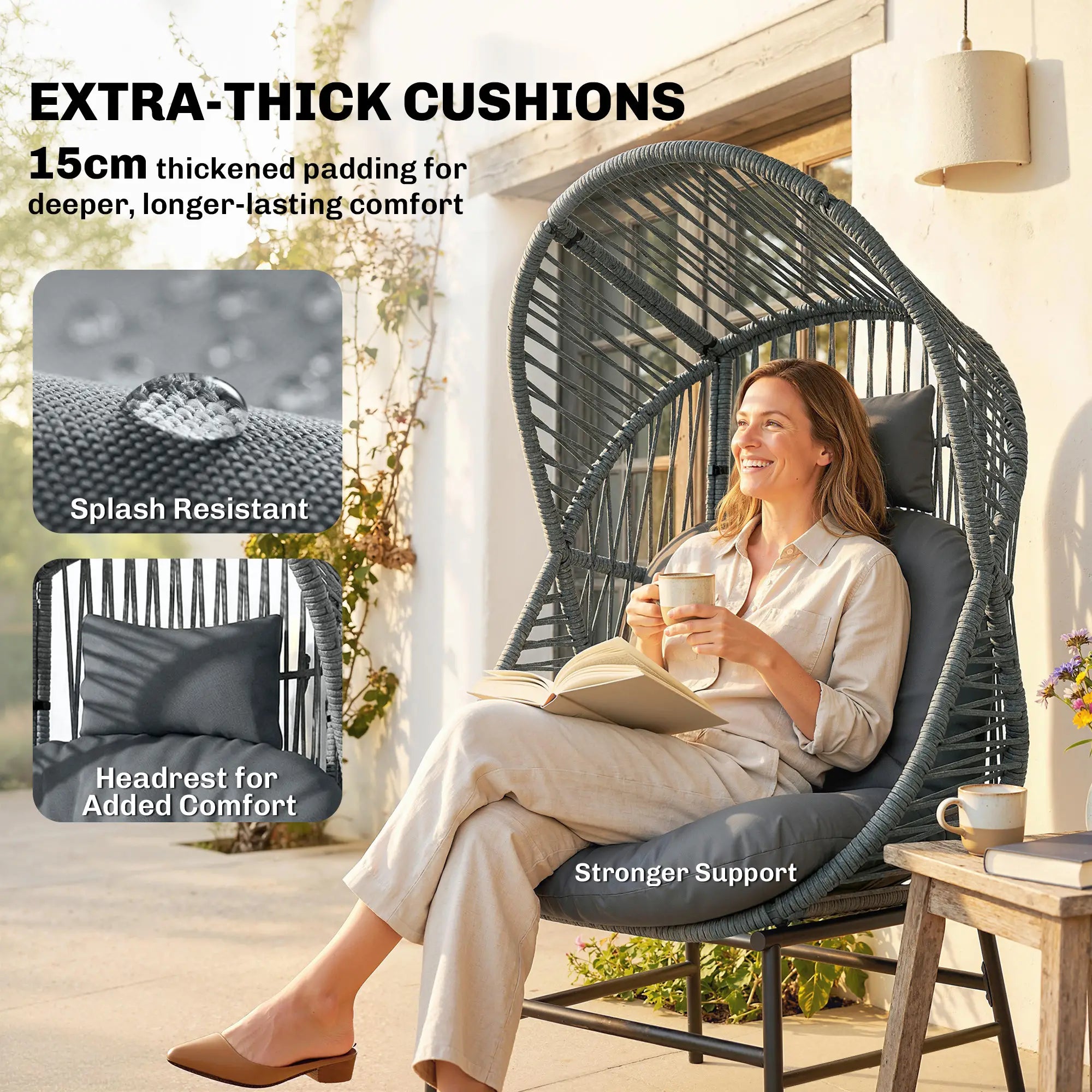 Outdoor Wicker Egg Chair, Steel Frame, 330 lbs, Dark Grey Patio Chairs at Gallery Canada
