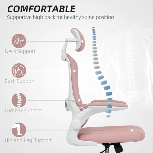 Ergonomic Mesh Office Chair, High Back, Rotatable Headrest, Flip-Up Armrests, Lumbar Support, Pink