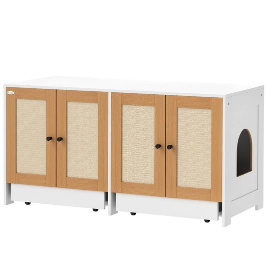 Cat Litter Box Enclosure, 2 Cabinets, Scratching Mats, White Cat Litter Box Enclosures White, Oak at Gallery Canada