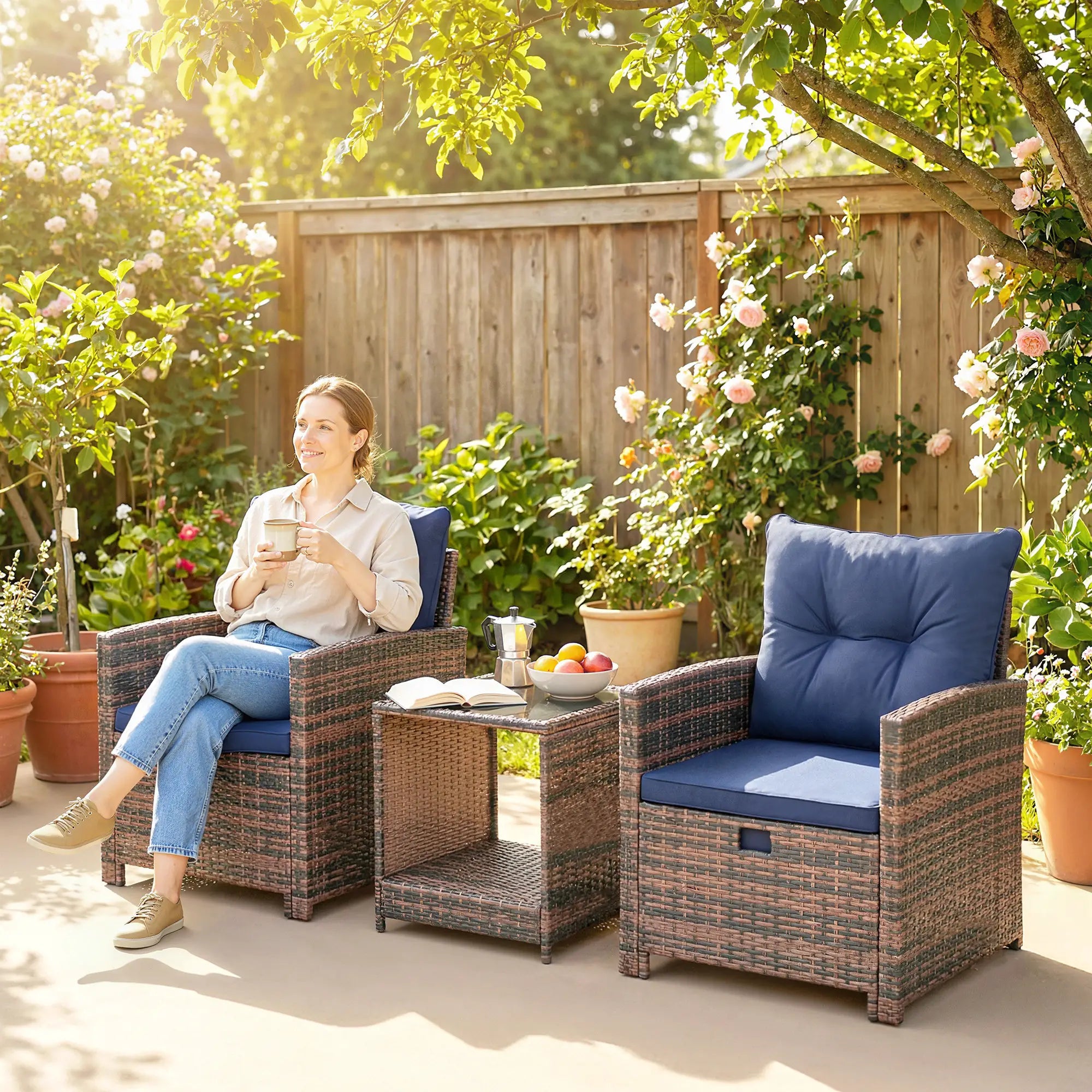 5 Piece Patio Set, Wicker Chairs With Ottomans, Glass Coffee Table, Brown/Dark Blue Patio Furniture Sets at Gallery Canada