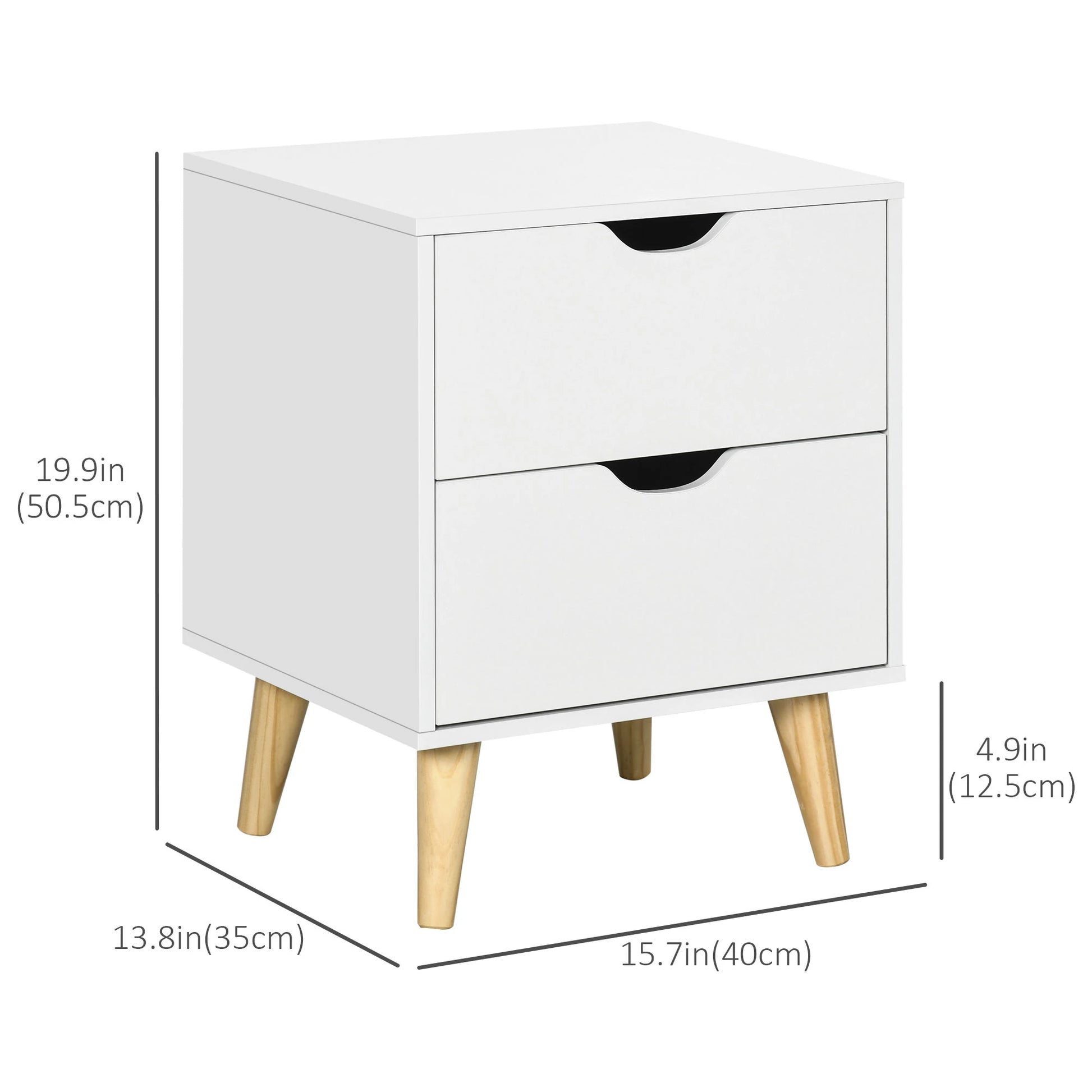 Modern Bedside Table, Nightstand with 2 Drawers, Pine Wood Legs, White Bedside Tables at Gallery Canada