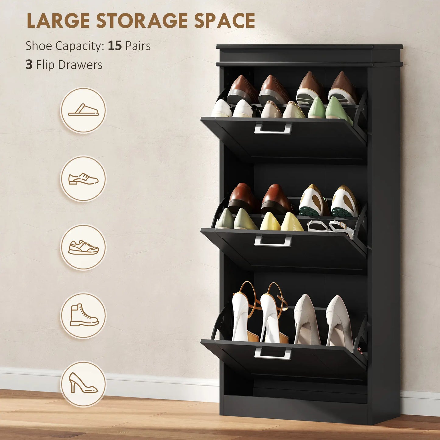 Slim Shoe Cabinet, 3 Flip Drawers, Adjustable Shelves, Holds 15 Pairs, Black Shoe Storage Cabinets & Racks at Gallery Canada