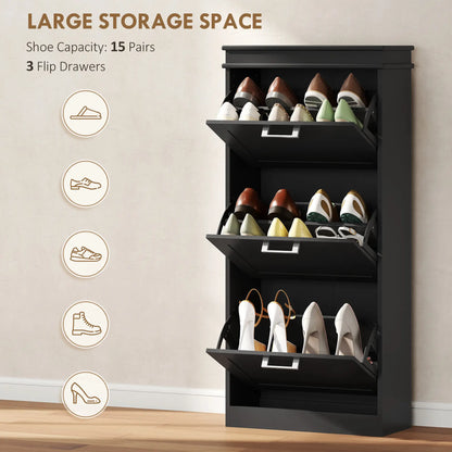 Slim Shoe Cabinet, 3 Flip Drawers, Adjustable Shelves, Holds 15 Pairs, Black Shoe Storage Cabinets & Racks at Gallery Canada