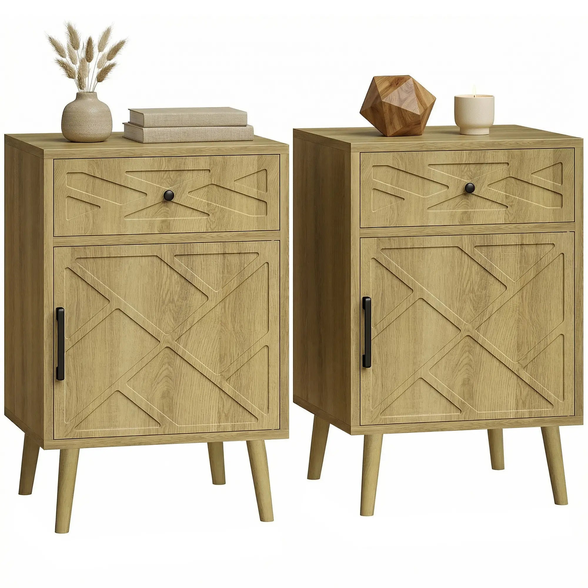 Nightstand Set Of 2, Oak, With Drawer And Cabinet Storage Side Tables at Gallery Canada