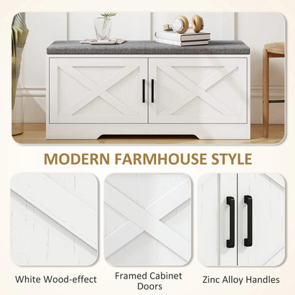 Shoe Bench With Cushion, Adjustable Shelves, Doors, White