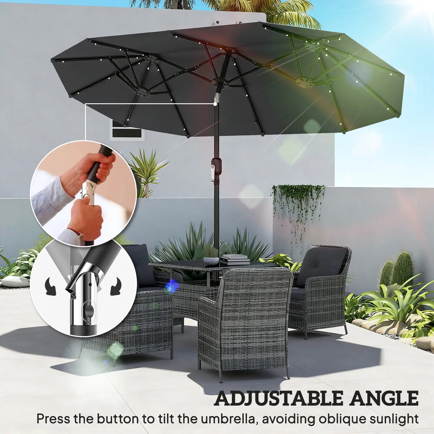 10ft Double-Sided Patio Umbrella, 35 LED Lights, 12 Ribs, Dark Grey Double-sided Umbrellas at Gallery Canada