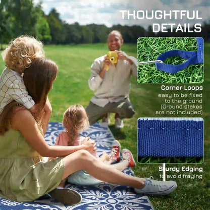 Portable Outdoor Rug, 9' x 12', White Flower, Waterproof, Reversible, Blue Outdoor Reversible Rugs at Gallery Canada