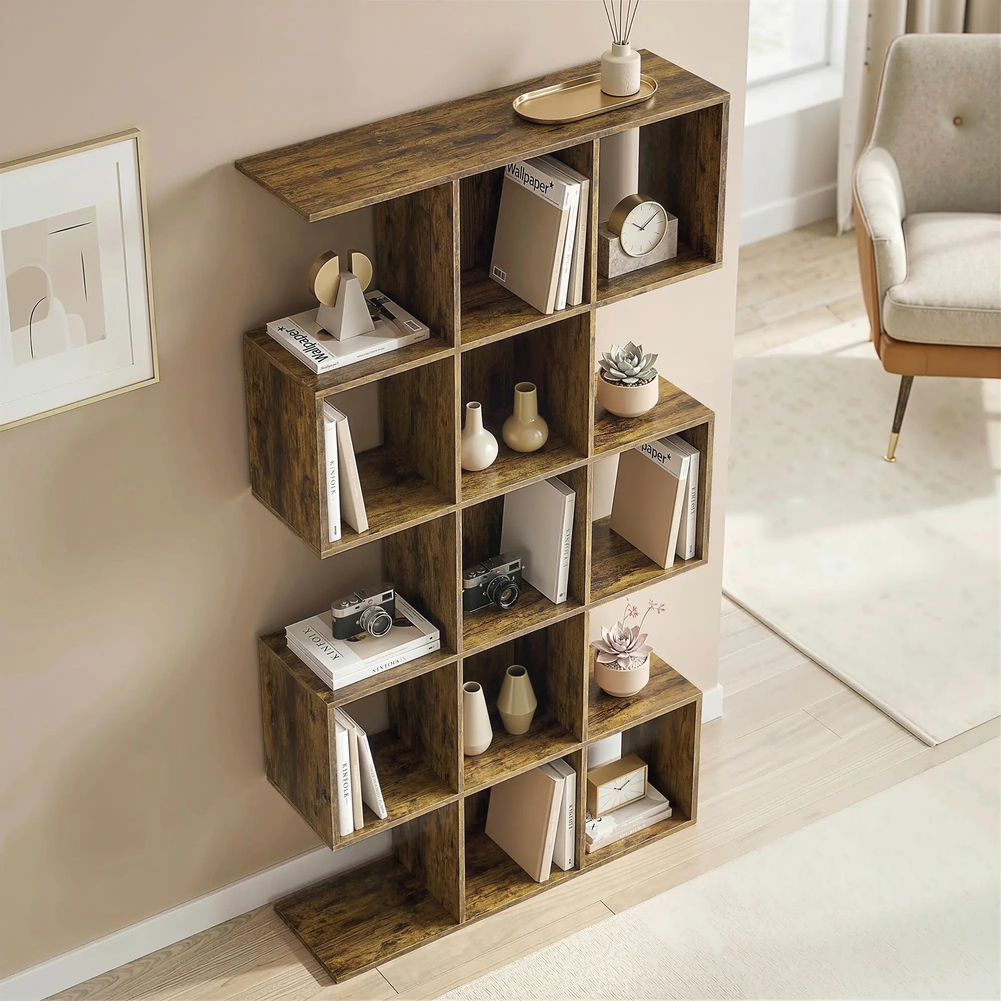 5-Tier S-Shaped Bookshelf, 15 Compartments, Rustic Brown, Rustic Brown Display Bookshelves at Gallery Canada
