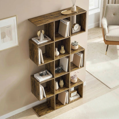 5-Tier S-Shaped Bookshelf, 15 Compartments, Rustic Brown, Rustic Brown Display Bookshelves at Gallery Canada