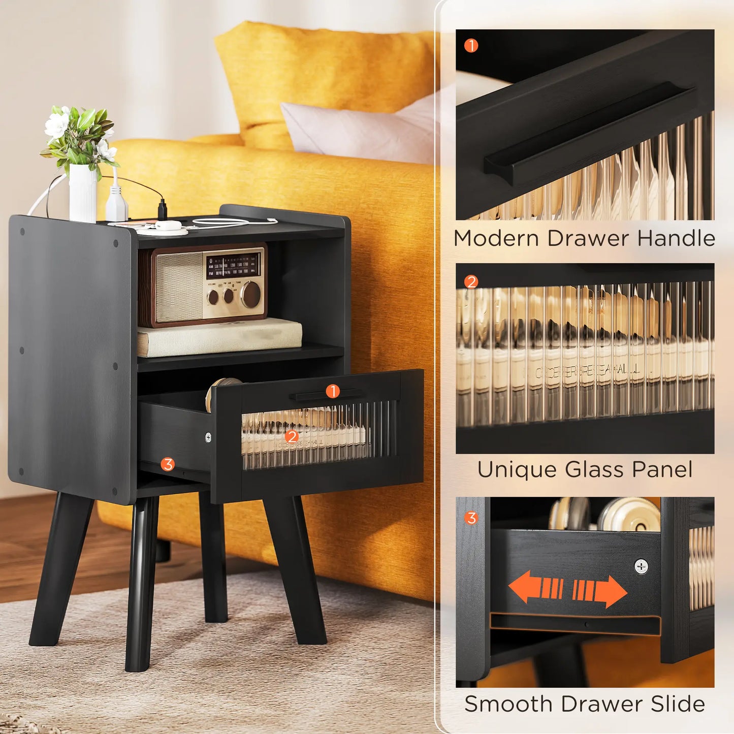 Modern Nightstands Set of 2, Charging Station, Storage, Glass Door, Black Side Tables at Gallery Canada