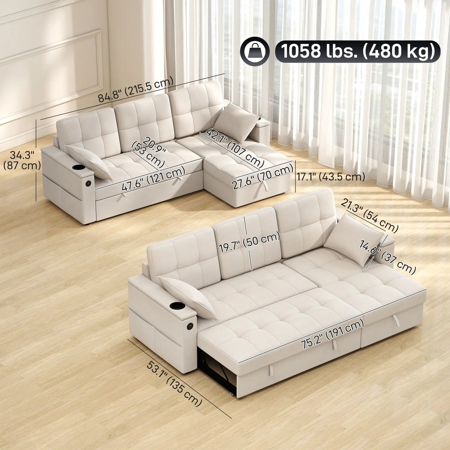 Convertible Sectional Sofa Bed, Pull Out Sleeper With USB‑A+C, Chaise Storage, L-Shaped Futon, Beige Sofas & Reclining Chairs at Gallery Canada