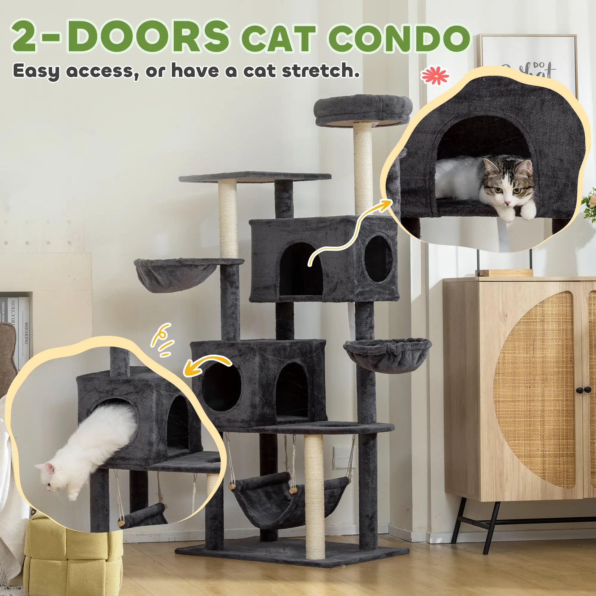 66 Inch Large Cat Tree, 2 Door Condos, 3 Hammocks, Plush Perch, Sisal Posts, Dark Grey Cat Trees at Gallery Canada
