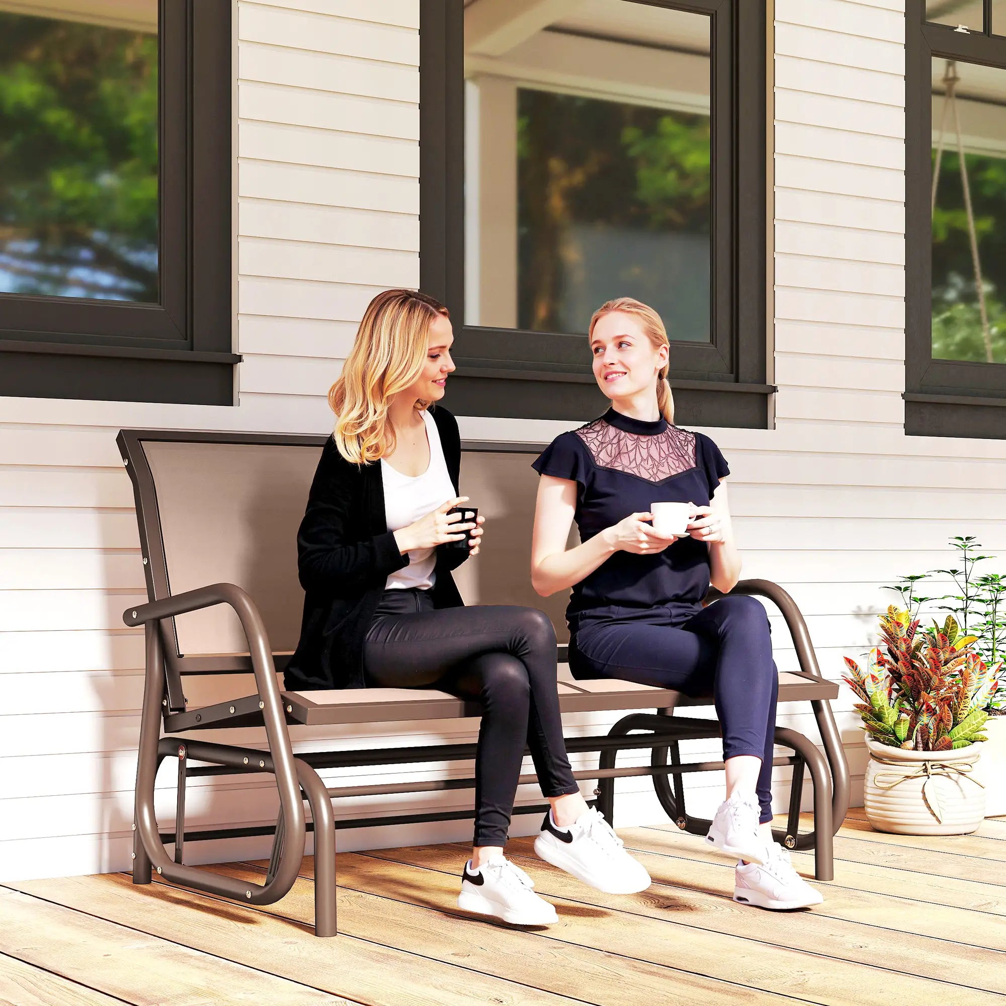 Steel Sling Fabric Gliding Bench, Outdoor Garden Swing Chair, Coffee Brown, Brown Outdoor Gliders at Gallery Canada